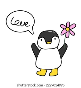 cute penguin cartoon character holding pink flowers  There is a text box saying the word love. Hand drawn vector illustration on white background.
