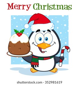 Cute Penguin Cartoon Character Holding Christmas Pudding And Candy Cane On The Snow. Vector Illustration Greeting Card