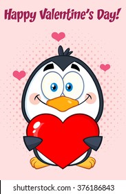 Cute Penguin Cartoon Character Holding Valentine Love Heart. Vector Illustration Greeting Card