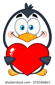 Cute Penguin Cartoon Character Holding A Valentine Heart. Vector Illustration Isolated On White