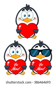 Cute Penguin Cartoon Character Holding A Valentine Heart. Vector Collection Set