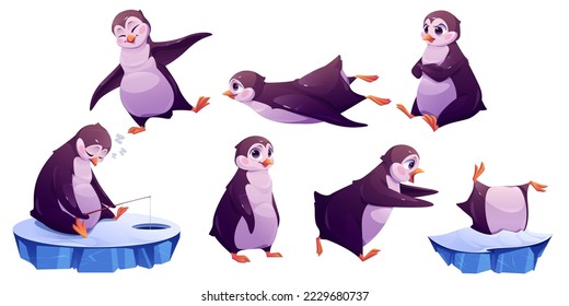 Cute penguin cartoon character isolated set. Kawaii animal life on northern pole. Funny arctic bird sliding on stomach, fishing on ice floe, sitting with upset face, dance or fun, Vector illustration