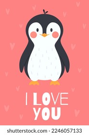 Cute penguin cartoon character with I love you quote for valentines or mothers day card design. Love greeting cards and messages, flat vector illustration.