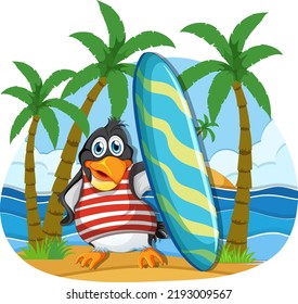 Cute penguin cartoon character on summer holiday illustration