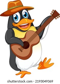 Cute penguin cartoon character playing guitar illustration