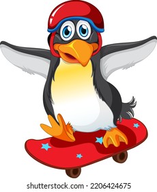 Cute penguin cartoon character skateboarding illustration