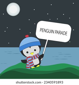 Cute penguin cartoon character standing on the shore and holding a sign with Penguin Parade. Penguin parade, Melbourne, Australia. Tourism spot in Australia. Cute baby penguin wearing a warm clothes, 
