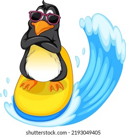 Cute penguin cartoon character surfing illustration