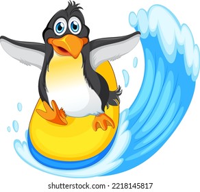 Cute penguin cartoon character surfing illustration