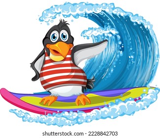 Cute penguin cartoon character surfing illustration