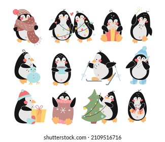 Cute penguin cartoon character vector illustrations set. Funny comic bird in hat and scarf, celebration of winter holidays: Christmas, New Year isolated on white background. Winter activities concept