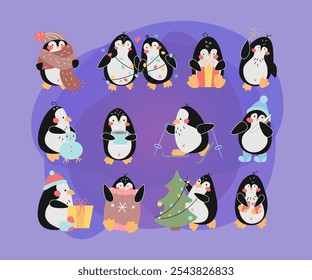 Cute penguin cartoon character vector illustrations set. Funny comic bird in hat and scarf, celebration of winter holidays: Christmas, New Year isolated on white background. Winter activities concept