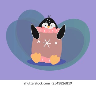 Cute penguin cartoon character in warm clothes vector illustration. Funny comic bird in knitted pullover, celebration of winter holidays: Christmas, New Year. Winter activities concept