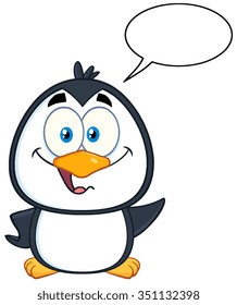 Cute Penguin Cartoon Character Waving With Speech Bubble. Vector Illustration Isolated On White