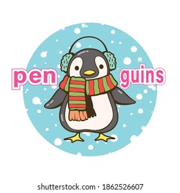 Cute penguin cartoon character wearing headphones. Vector illustration. This cute element object design for wallpaper, web page background, card, banner design and more.