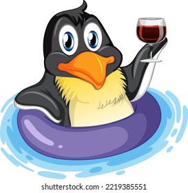 Cute penguin cartoon character wearing inflatable ring drinking wine illustration