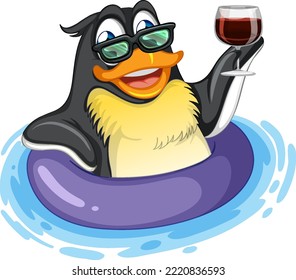 Cute penguin cartoon character wearing inflatable ring drinking wine illustration