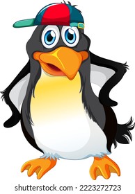 Cute penguin cartoon character wearing cap on white background illustration