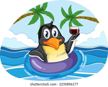 Cute penguin cartoon character wearing inflatable ring drinking wine illustration