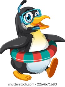 Cute penguin cartoon character wearing snorkel goggles illustration