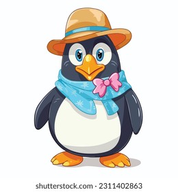 Cute penguin cartoon character wearing summer outfit illustration