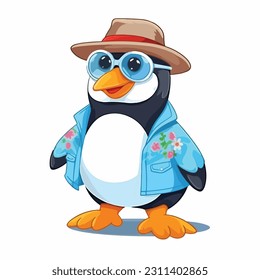 Cute penguin cartoon character wearing summer outfit illustration