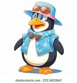 Cute penguin cartoon character wearing summer outfit illustration