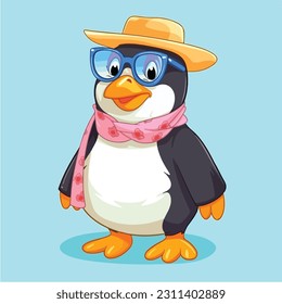 Cute penguin cartoon character wearing summer outfit illustration