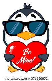 Cute Penguin Cartoon Character  Wearing Sunglasses And Holding A Be Mine Valentine Heart. Vector Illustration Isolated On White