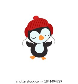 Cute penguin cartoon character. Winter animal bird. Sweet style. Children vector illustration. Kid penguin. Christmas winter season print. Funny whimsical doodle. Scandinavian or kawaii design.