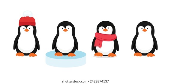 Personajes de dibujos animados de pingüino. Gracioso juego de vector de pingüino de bebé.  Animal acuático de mascota de aves voladoras. Ilustración de vectores de vida marina