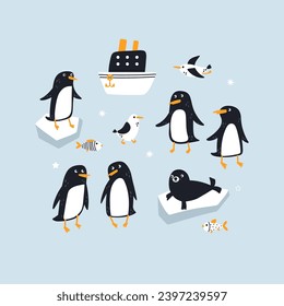 Cute penguin cartoon characters set and other northern animals and birds isolated on blue background. Funny animals vector illustrations. Winter design elements for children.