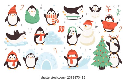 Cute penguin cartoon characters winter activities outdoors during Christmas celebrating time set. Funny arctic bird animal enjoying active leisure on winter holidays vacation vector illustration