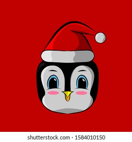 the cute penguin cartoon christmas with santa claus cap logo design on red background