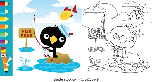 cute penguin cartoon fishing, coloring book or page