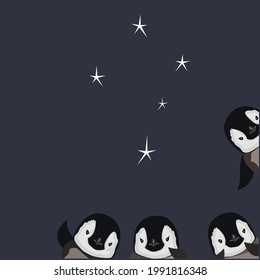 Cute Penguin cartoon flat design vector illustration. Baby Penguin. Constellation southern cross.