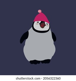 Dibujo gráfico plano de diseño de dibujos en pingüino. Pingüino en sombrero.