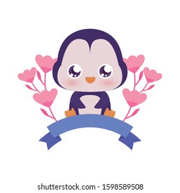 Cute penguin cartoon with flowers design, Animal zoo life nature character childhood and adorable theme Vector illustration