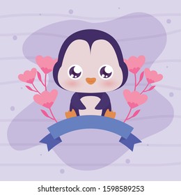 Cute penguin cartoon with flowers and ribbon design, Animal zoo life nature character childhood and adorable theme Vector illustration