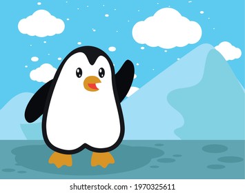 Cute penguin cartoon in front of icebergs