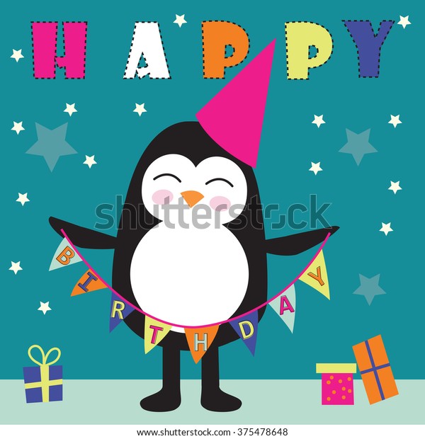 Cute Penguin Cartoon Happy Birthday Greeting Stock Vector (Royalty Free ...