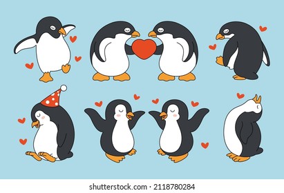 Cute penguin cartoon with hearth and funny pose. Animal icon illustration, isolated on premium vector