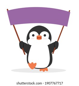 Cute penguin cartoon holding  Banner with Copyspace 