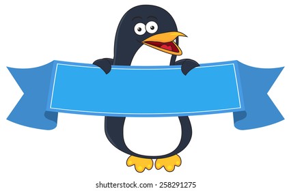 Cute Penguin Cartoon Holding A Blank Ribbon Banner.