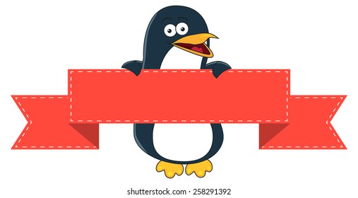 Cute penguin cartoon holding a blank ribbon banner.