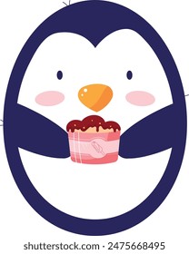 Cute penguin cartoon holding cupcake. Adorable penguin illustration dessert, character celebrating birthday cake