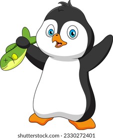 Cute penguin cartoon holding a fish