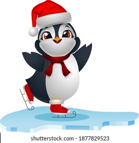 Cute penguin cartoon ice skates on skating