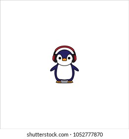 Cute penguin cartoon with red headphones icon, vector illustration