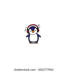 Cute penguin cartoon with red headphones, baby penguin listening music icon, vector illustration